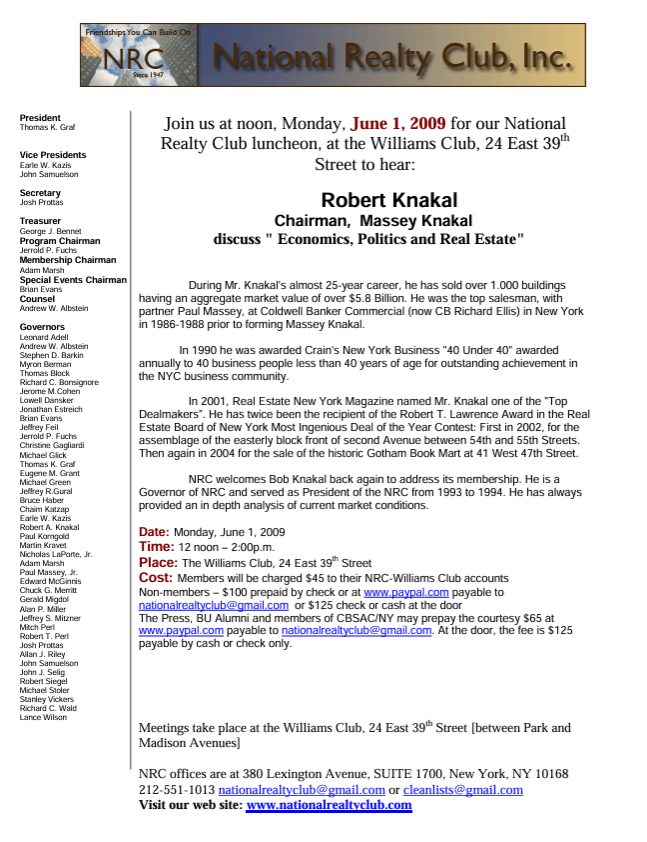 Monday June 9 Speaking Engagement Bob Knakal