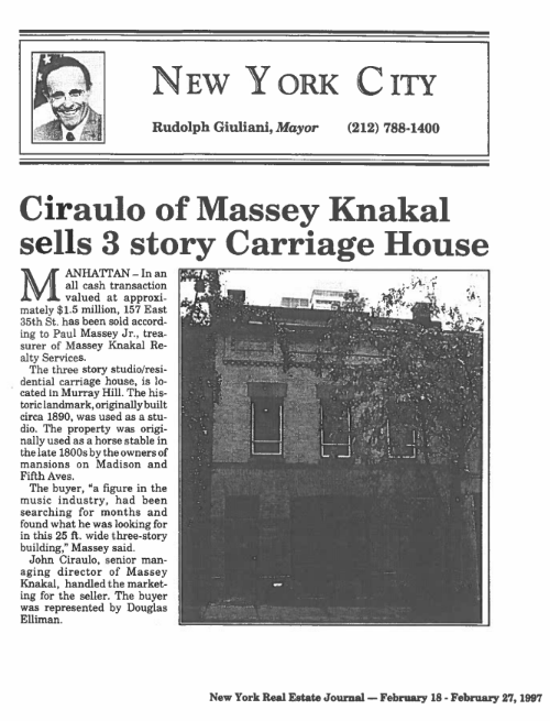 new york real estate journal february 18-27-1997 ciraulo of massey knakal sells 3 story carriage house