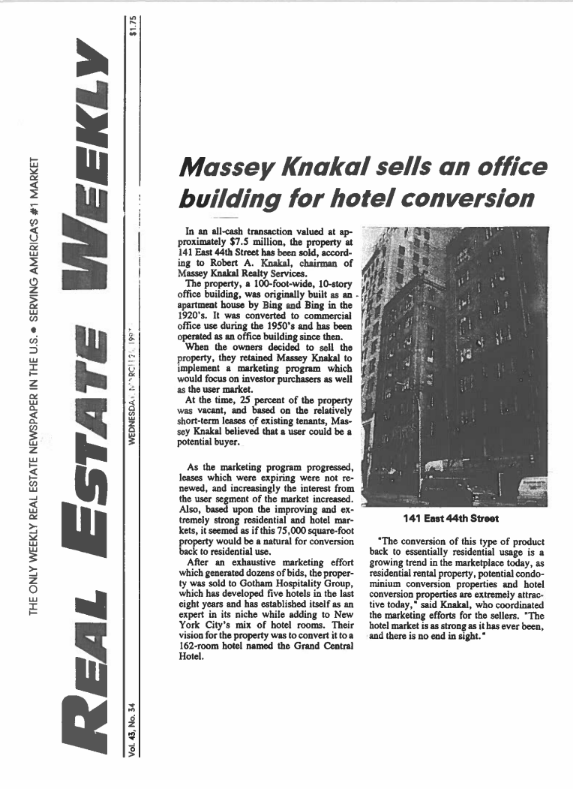 real estate weekly massey knakal sells an office building for hotel conversion