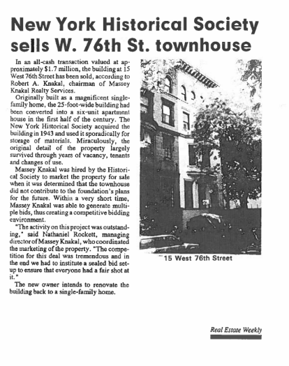 real estate weekly new york historical society sells w 76th st townhouse