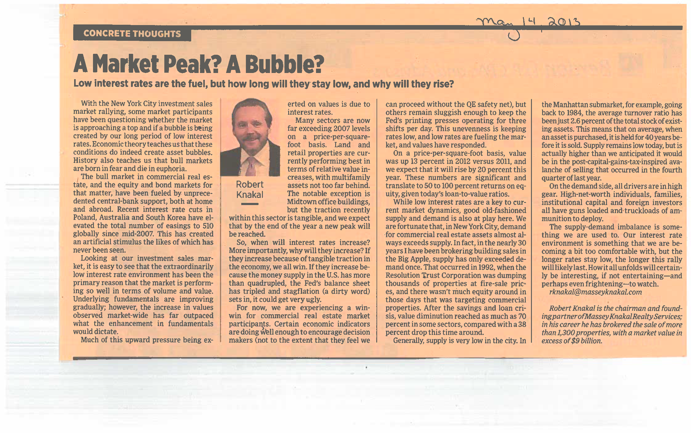 Concrete Thoughts - A Market Peak A Bubble - May 14 2013