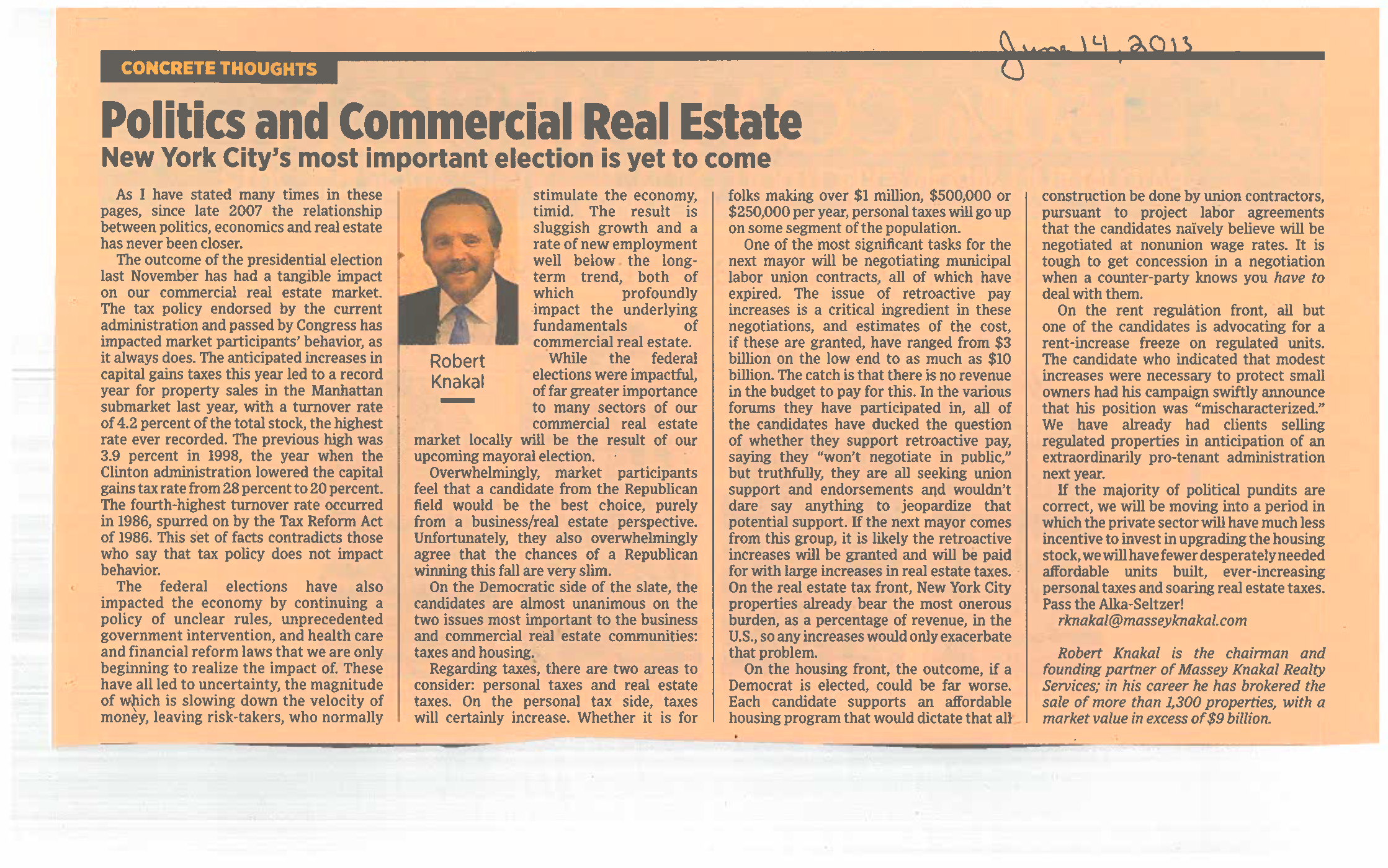 Concrete Thoughts - Politics and Commercial Real Estate - June 14 2013