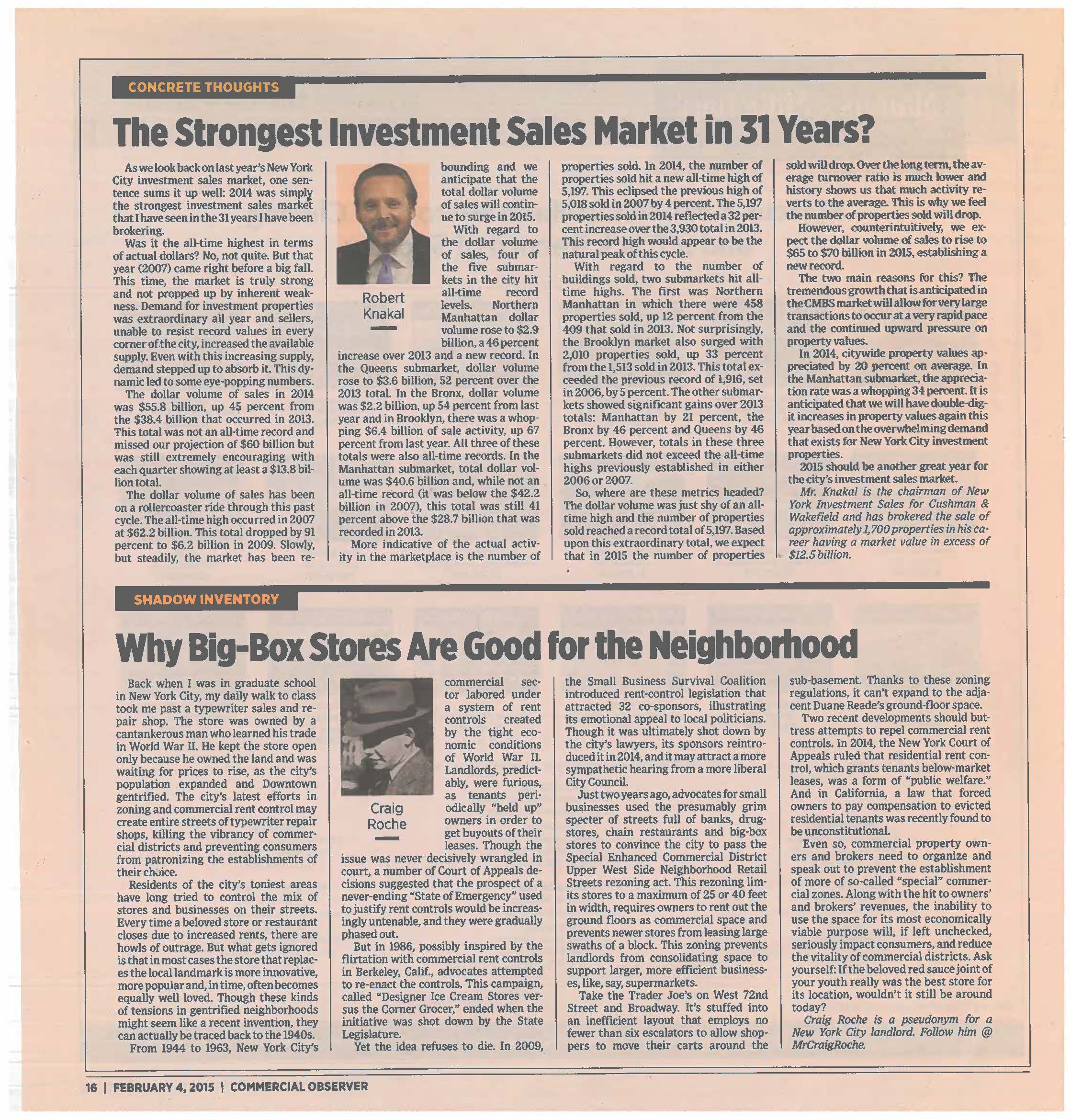 Concrete Thoughts - The Strongest Investment Sales Market in 31 Years - Feb 4 2015