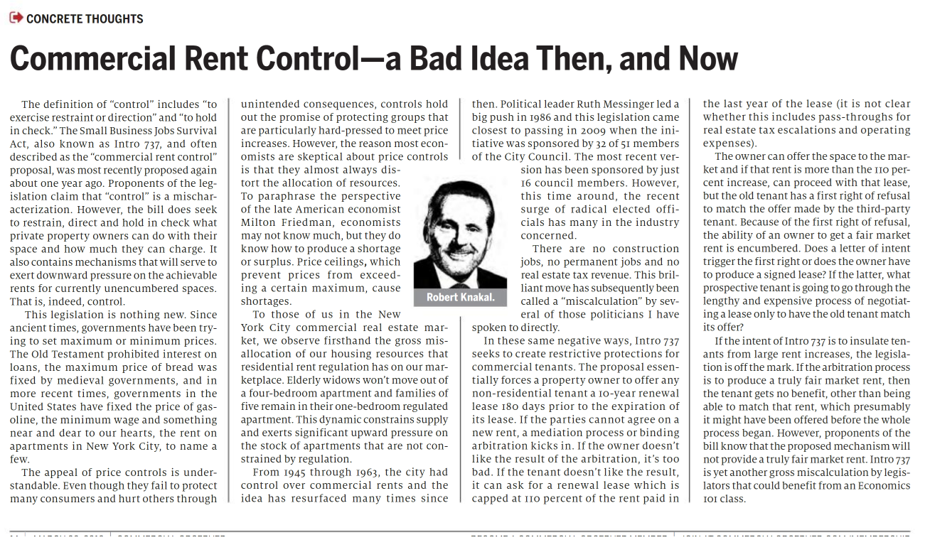 Commercial Rent Control – a Bad Idea Then, and Now - March 26,2019