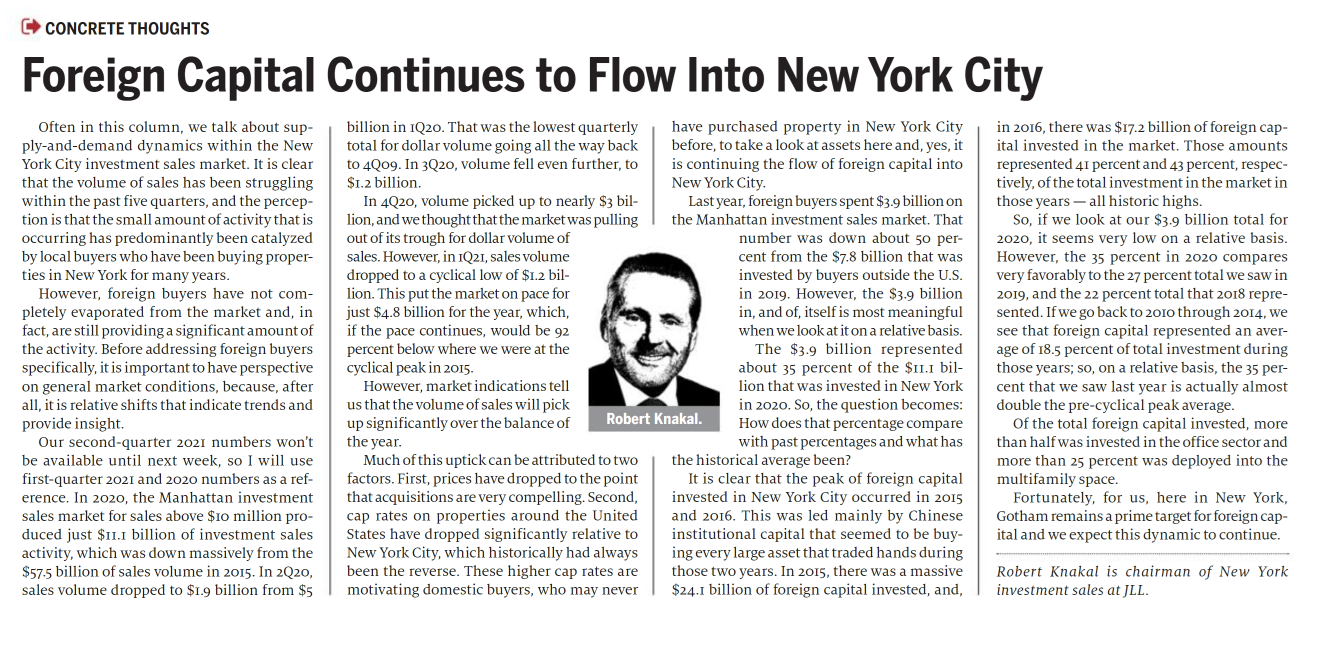 Foreign Capital Continues to Flow Into New York City - July 13,2021