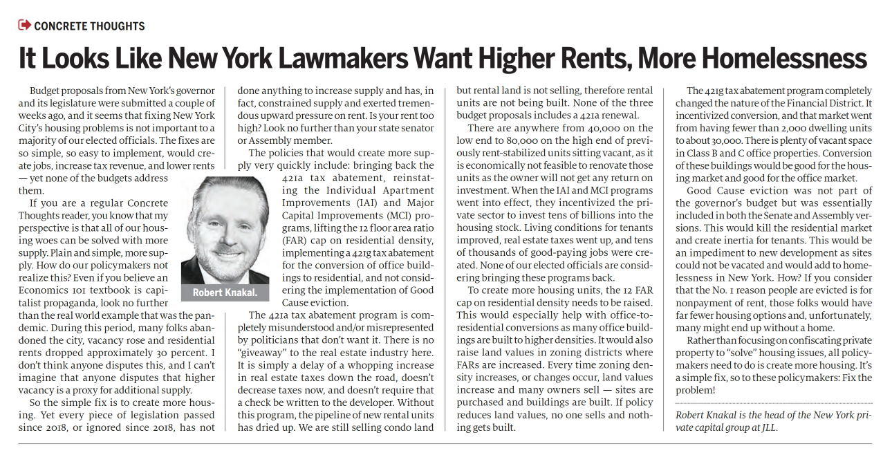 It Looks Like the NY Legislature Wants Higher Rents and More Homelessness - April 4,2023