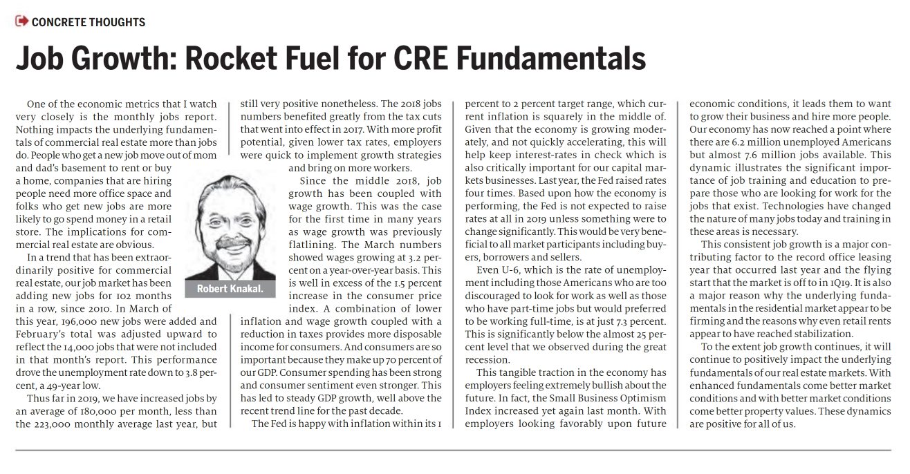 Job Growth Rocket Fuel for CRE Fundamental - April 23,2019