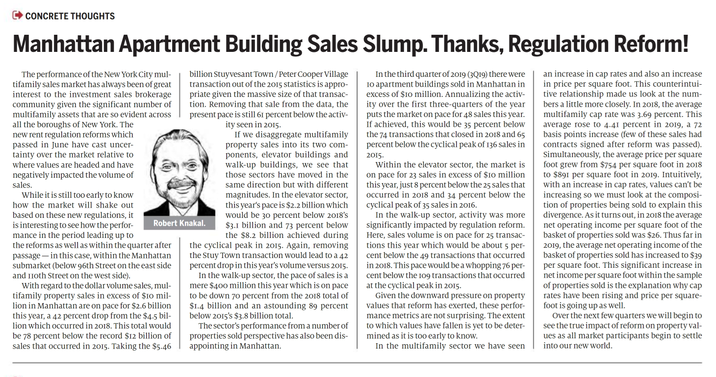 Manhattan Apartment Building Sales Slump. Thanks Regulation Reform October 292019