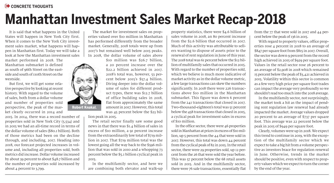 Manhattan Investment Sales Market Recap - 2018 - March 12,2019