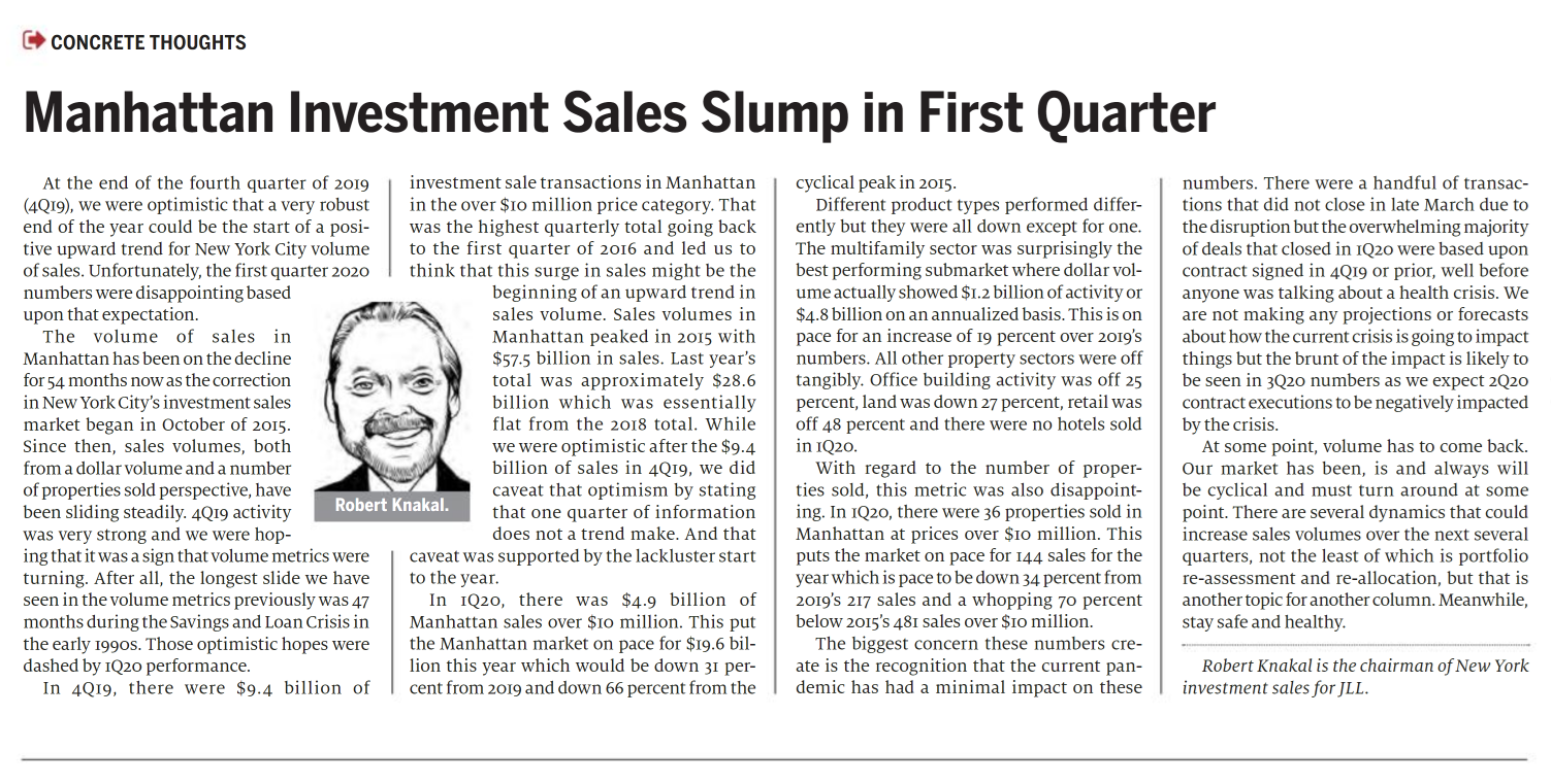 Manhattan Investment Sales Slump in First Quarter - April 21,2020