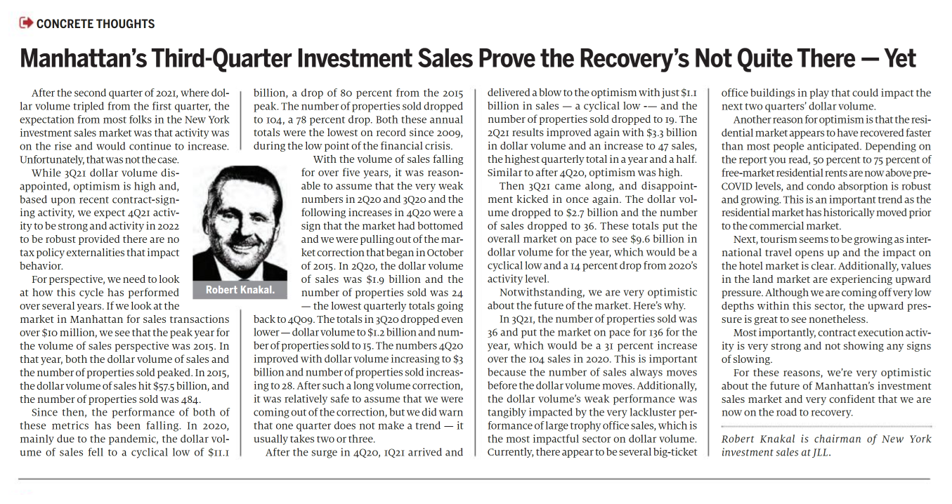 Manhattan’s Third Quarter Sales Prove the Recovery’s Not Quite There - Yet. - November 30,2021