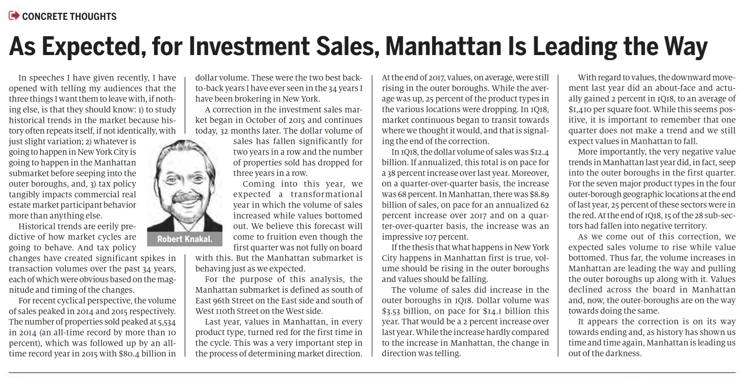 - May 2,2018 As Expected, for Investment Sales, Manhattan Is Leading the Way