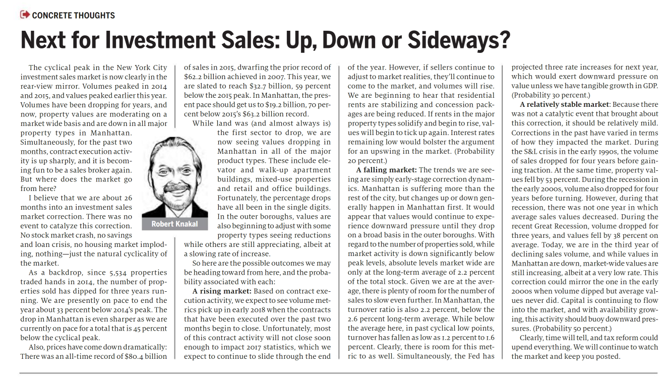 Next for Investment Sales Up, Down or Sideways - November 15,2017