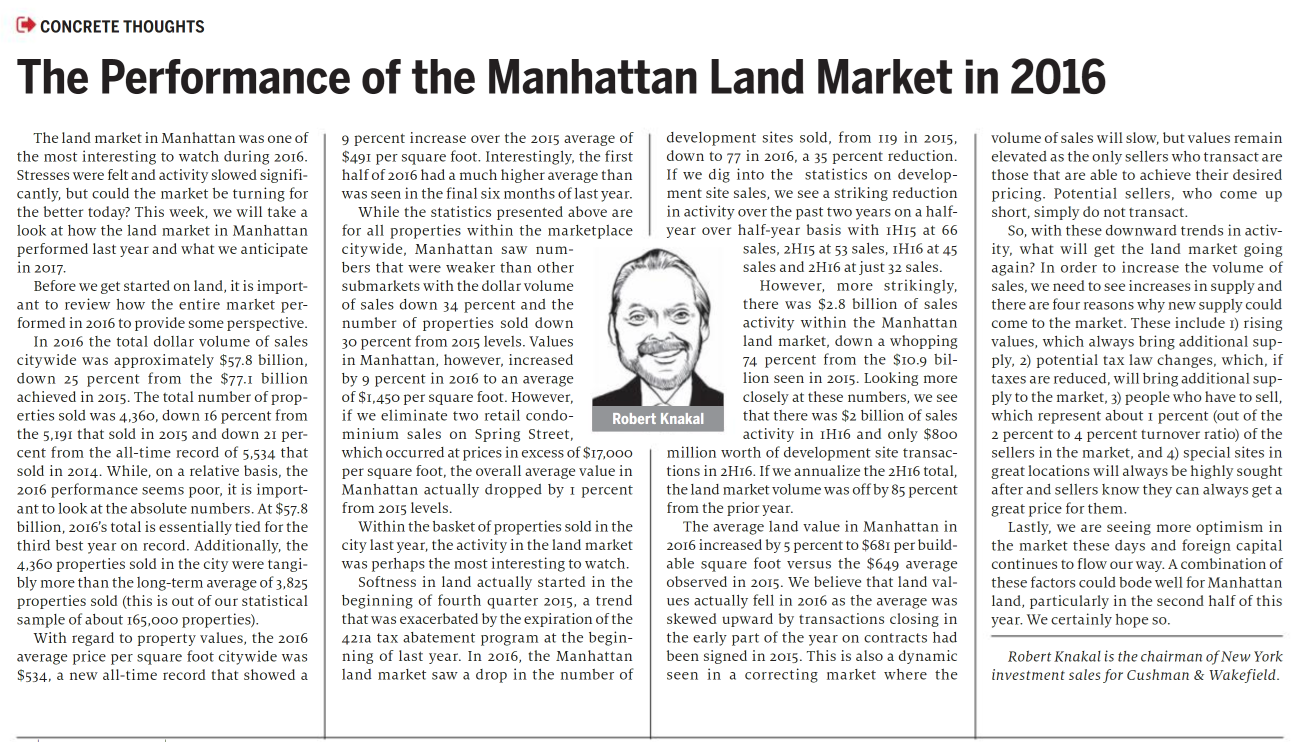 The Performance of the Manhattan Land Market in 2016 - January 25,2017