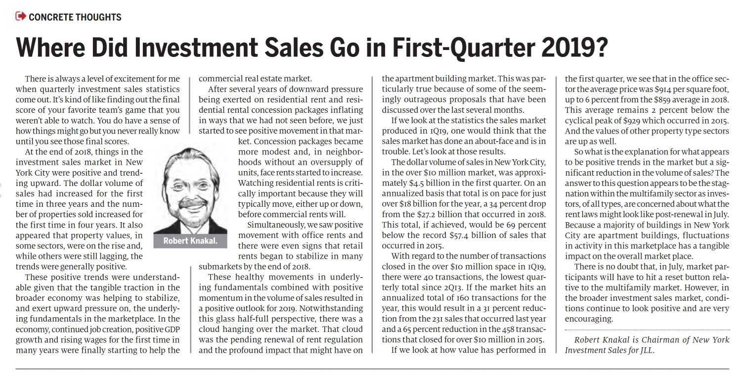 Where Did Investment Sales Go in First-Quarter 2019 - April 16,2019