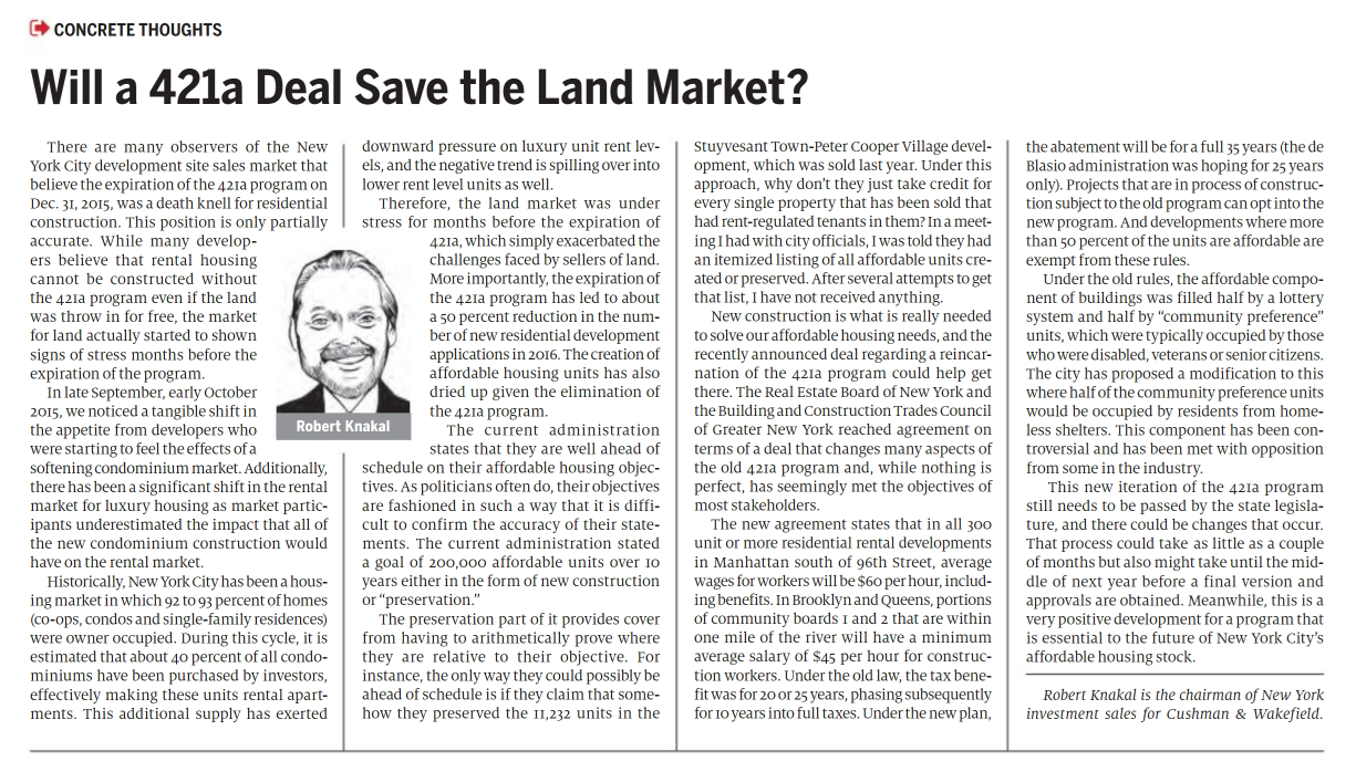 Will a 421a Deal Save the Land Market - November 16,2016