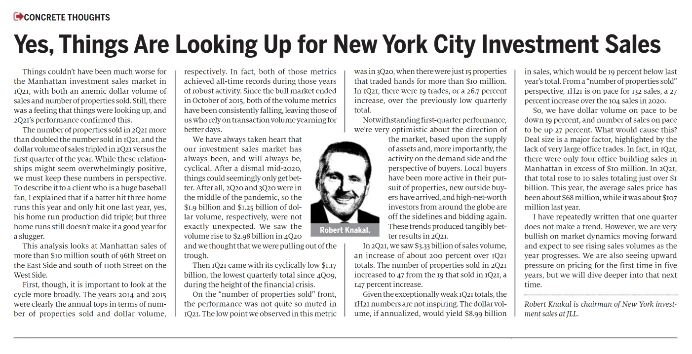Yes, Things Are Looking Up for New York City Investment Sales - August 10,2021