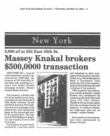 massey knakal brokers 500000 transaction 232 east 35th st