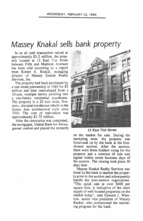 massey knakal sells bank property feb 23 1994