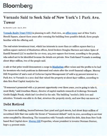 vornado said to seek sale of new yorks 1 park ave tower